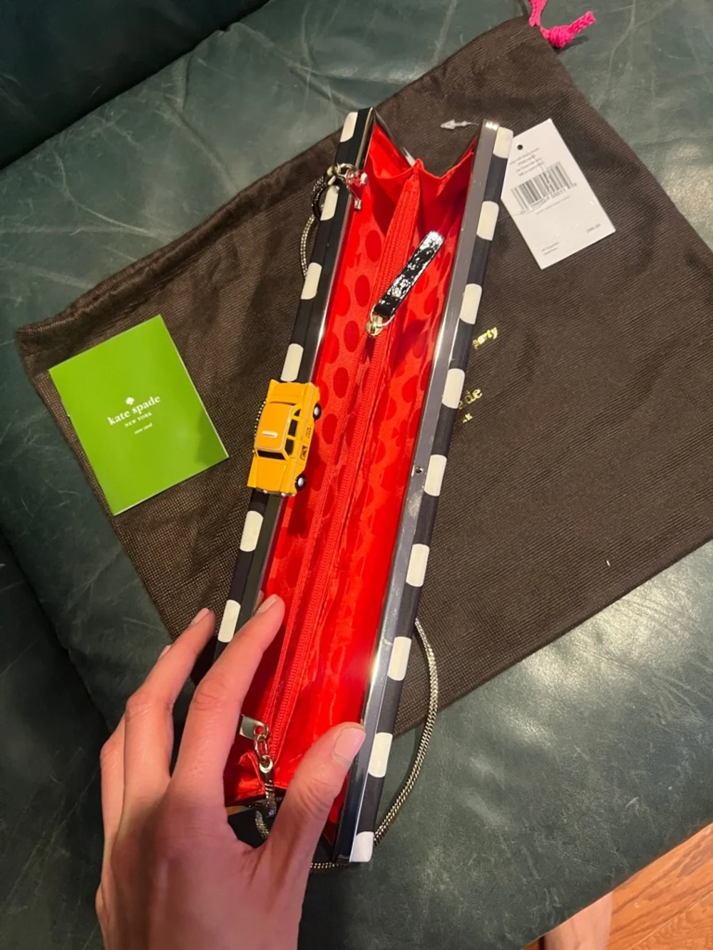 kate spade Black and White Apple Print Clutch with Yellow Taxi Clasp - Picture 6 of 8